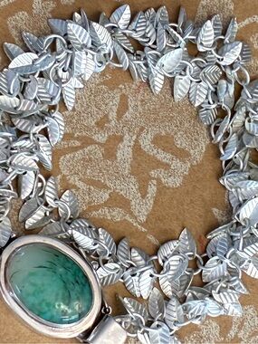 SALE. Sterling Silver Leaf Double Bracelet with Green Gemstone Clasp